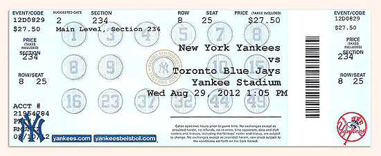 New York Yankees game ticket August 29, 2012 - front