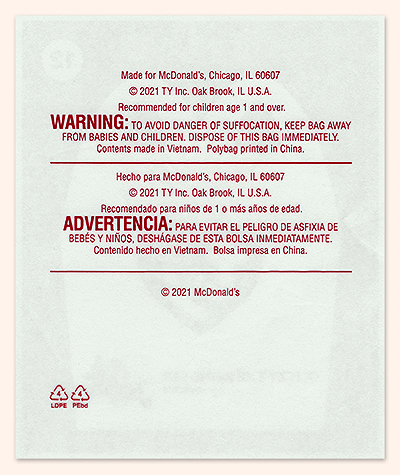 2021 McDonalds/Ty Teenie Beanie Boos bag back