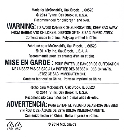McDonalds Ty promotion 2014 - polybag back