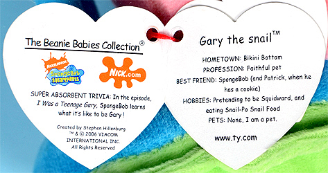 Gary the snail - retail version swing tag inside