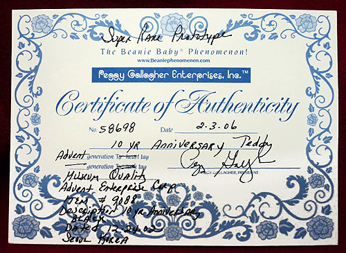10 Year Anniversary Teddy Beanie Babies bear prototype Certificate of Authenticity