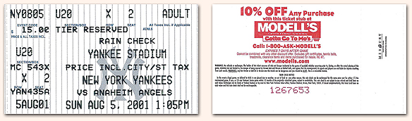 Bronx Bomber - game ticket front & back